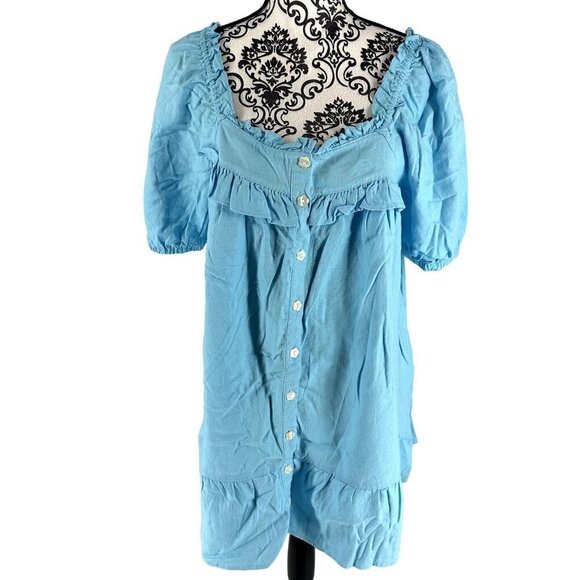 Stoney Clover Lane Womens Blue Short Sleeve Ruffle Linen Dress Med - Picture 2 of 15